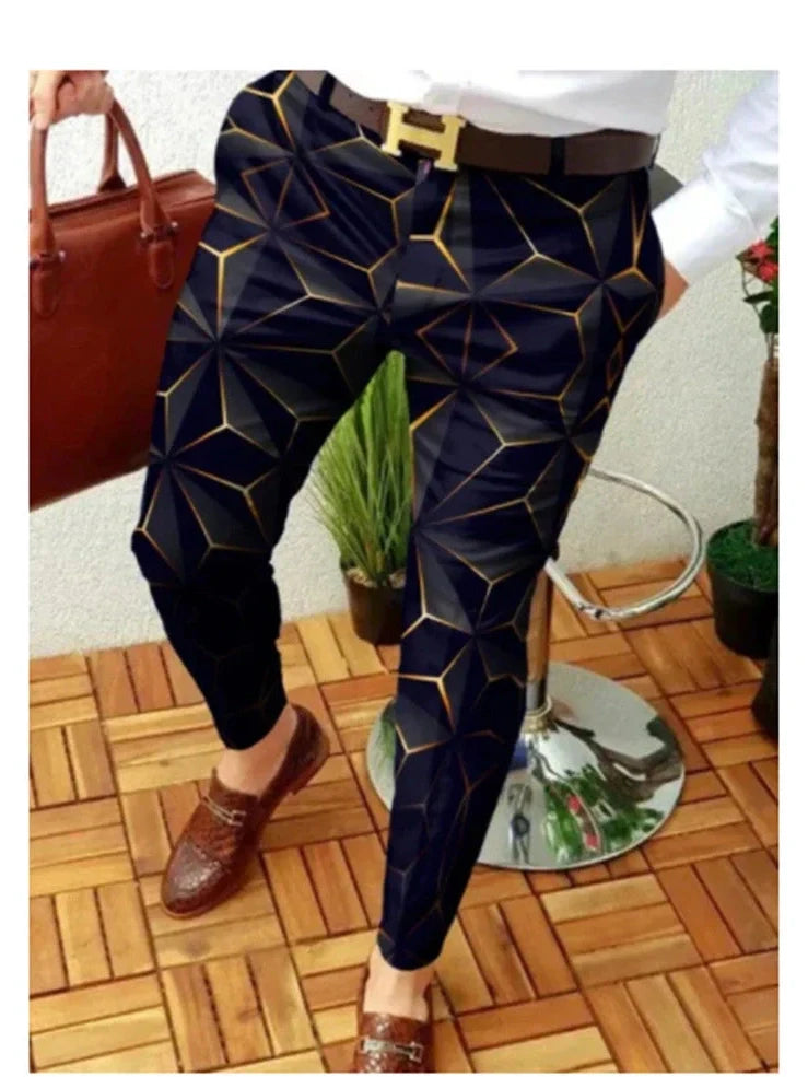 Men's plaid print straight-leg trousers in cotton blend, mid-waist fit, available S-XXXL with 2-3cm measurement allowance