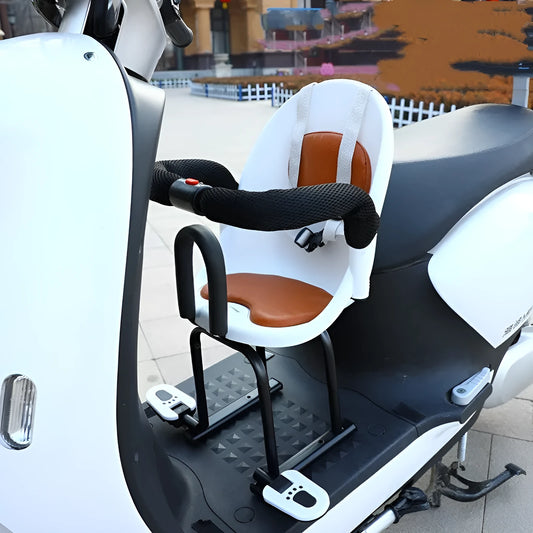 Front child seat for electric scooters with black steel frame measuring 20cm by 20cm by 53cm