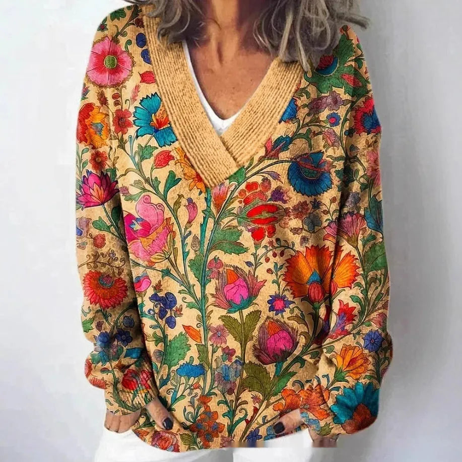 Women's V-neck long sleeve sweatshirt with a 3D floral print pattern in art retro style.