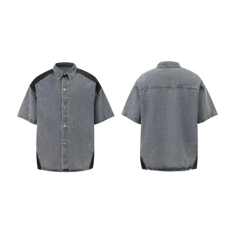 Retro washed denim jeans suit with short sleeves, available in black or blue, sizes M to XXXL, for summer street wear.