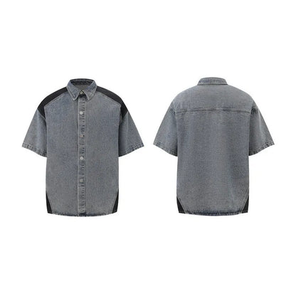 Retro washed denim jeans suit with short sleeves, available in black or blue, sizes M to XXXL, for summer street wear.