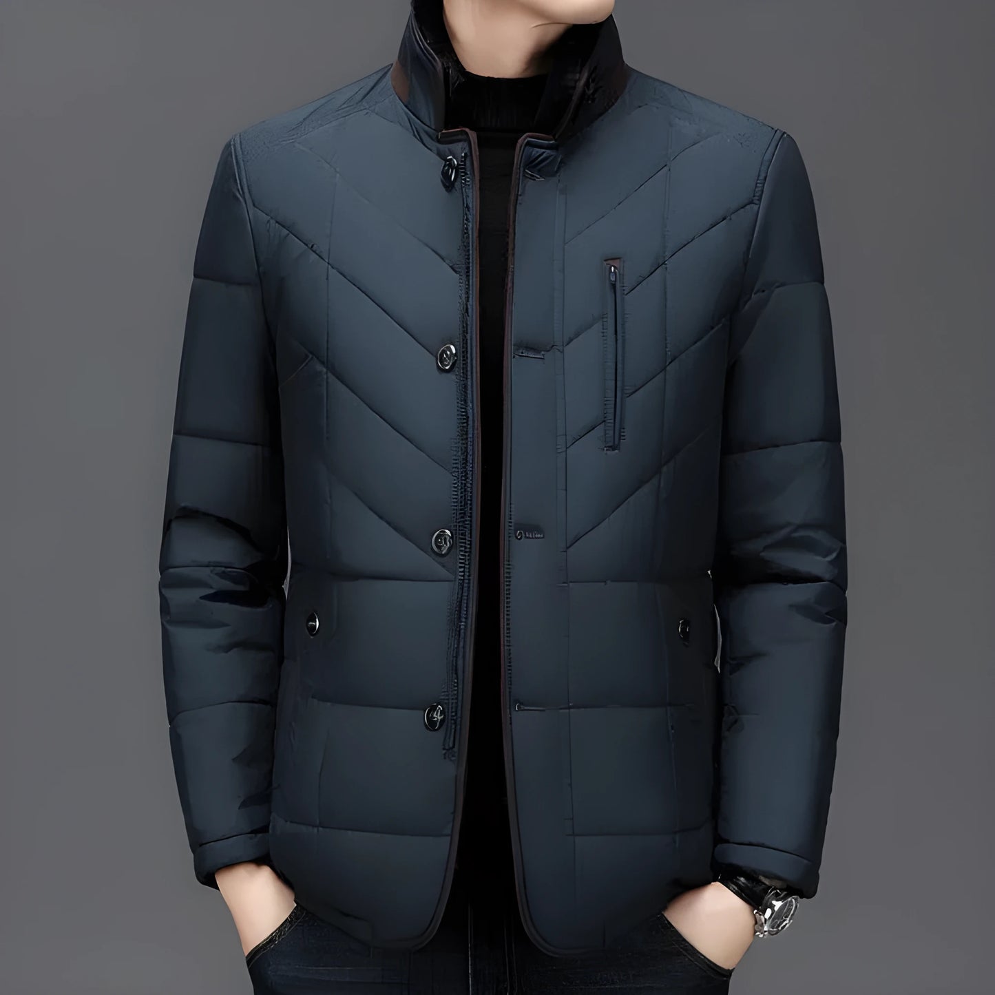 Men's solid colour winter short coat with side pockets in dark blue, dark green or wine red
