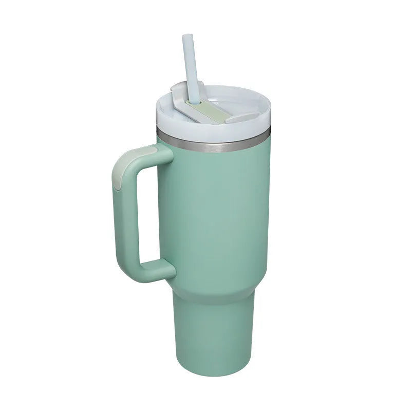 40 oz stainless steel insulated tumbler with handle and straw in tapered mug design