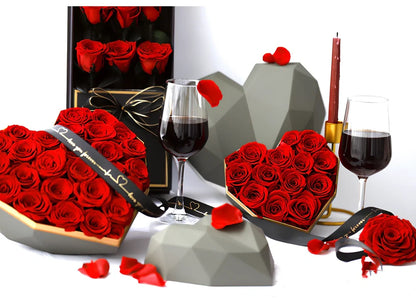 Preserved silk flower gift box with roses in pink, red or red ash, large 25x20x18cm or small 15x15x14cm for Valentine's Day