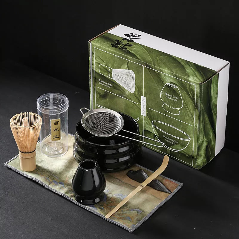 Japanese Matcha Tea Set with ceramic bowl and brush in clear glaze