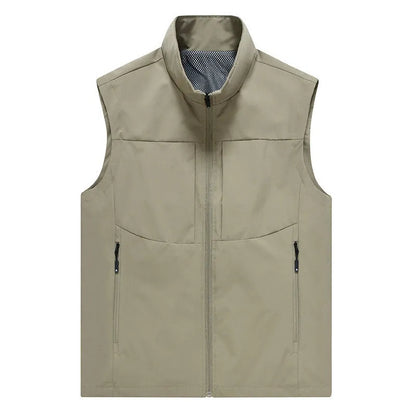 Men's loose fit casual cardigan vest in army green with stand collar and zippered pockets