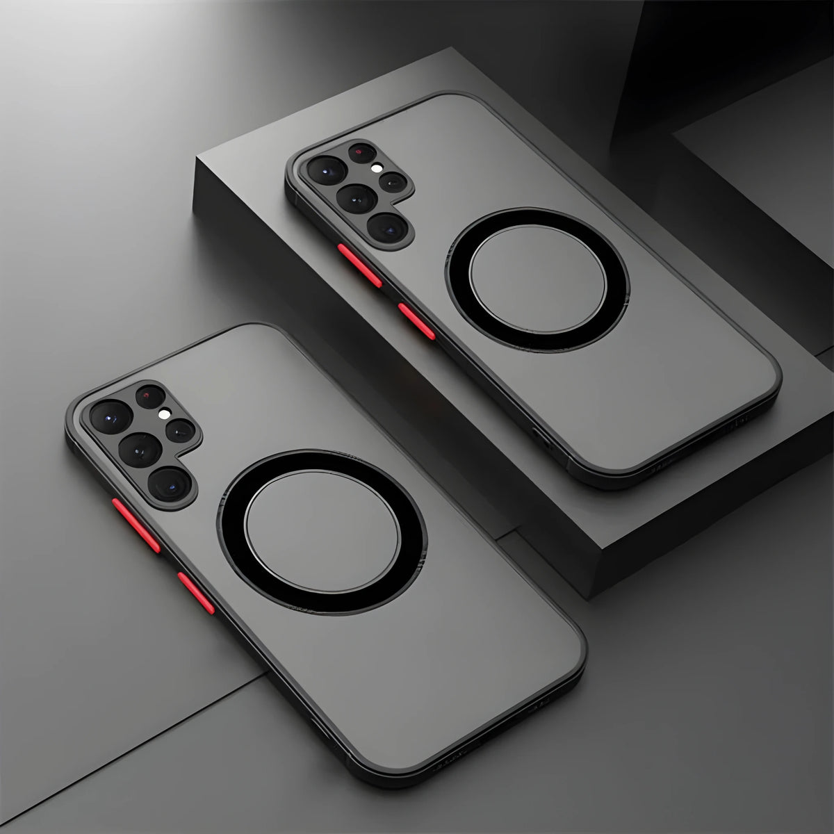 Samsung phone case with magnetic suction, frosted hard PC back and soft TPU edges in black, blue, red, or green.