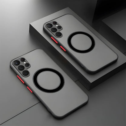 Samsung phone case with magnetic suction, frosted hard PC back and soft TPU edges in black, blue, red, or green.