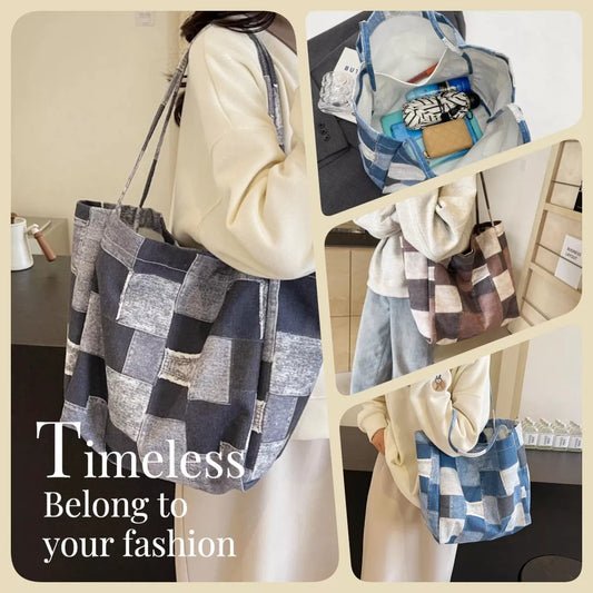 Women's denim tote bag with color-contrast check design for commute and leisure