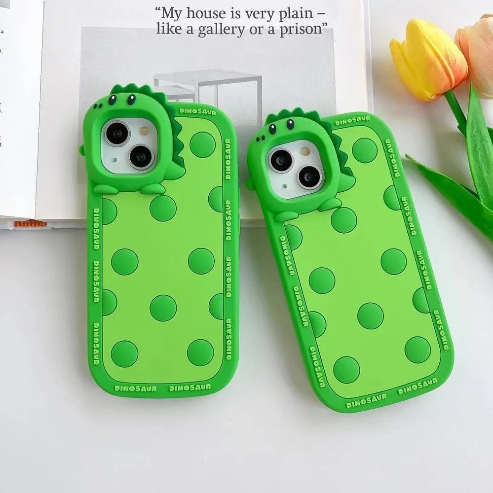 Green polka dot dinosaur silicone phone case showing back design and side protection for iPhone