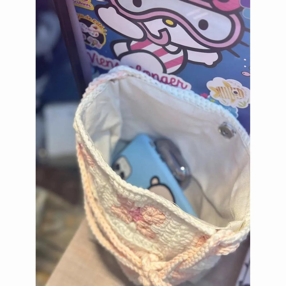 Handmade cotton crochet handbag with cherry blossom pattern and magnetic buckle closure