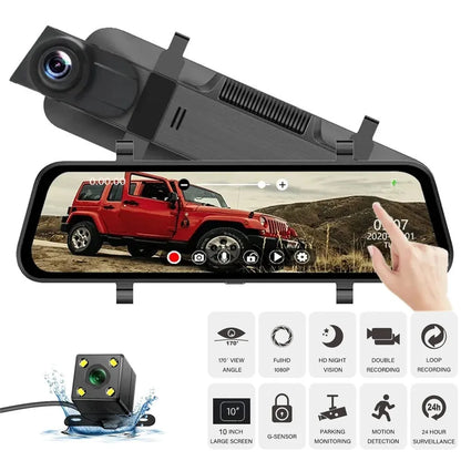10-inch car dash cam with front and rear cameras on full touchscreen display
