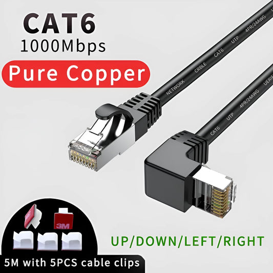 Black Cat6 Ethernet cable with a right-angle metal RJ45 connector lying flat on a wooden surface