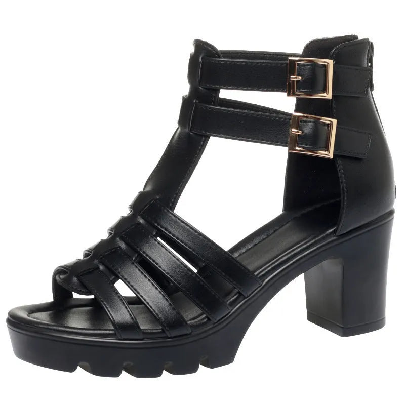 Women's beige hollow-out high heels with rhinestone detail and a buckle fastening