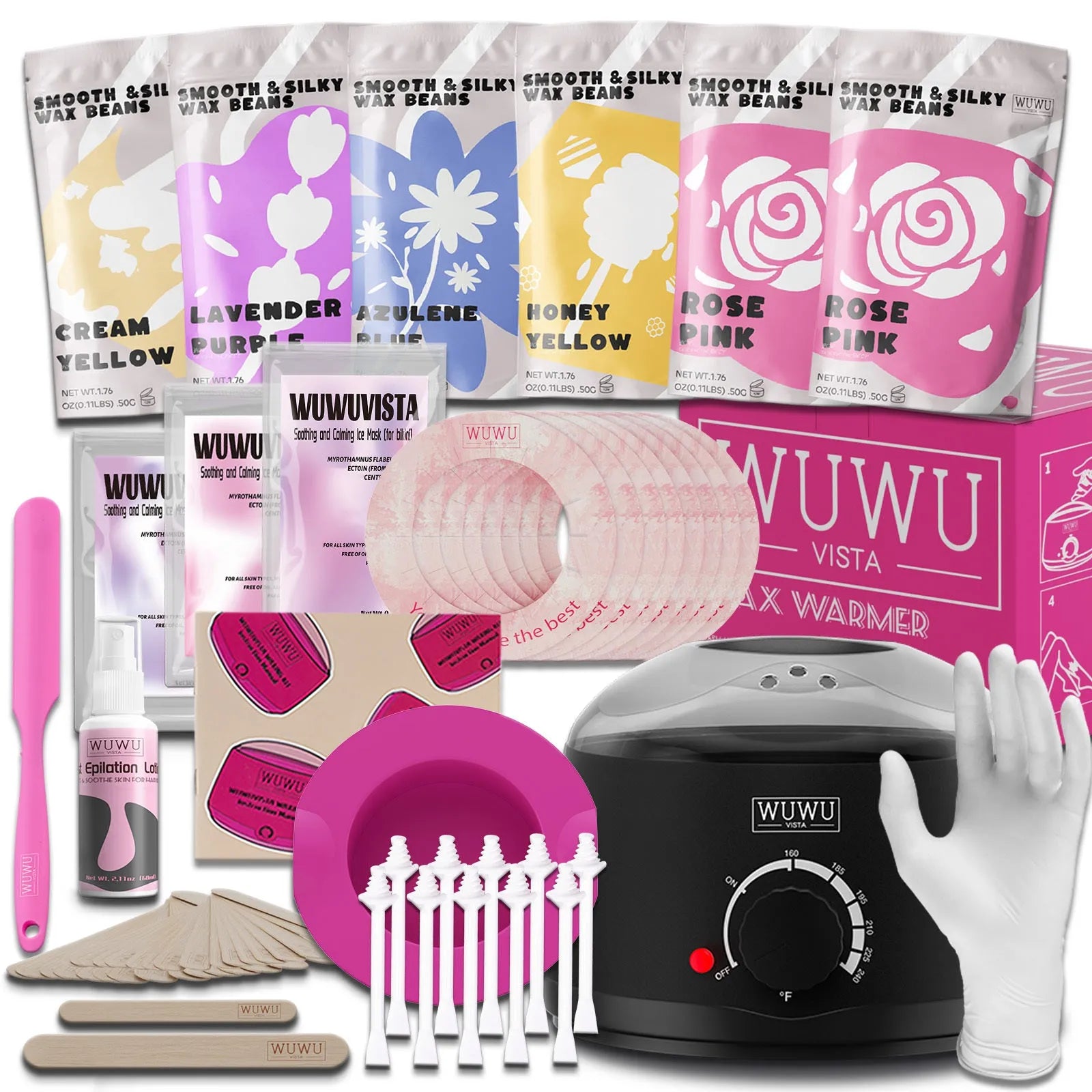 WUWUVISTA waxing kit with black wax warmer, six coloured wax bead packs, silicone tools, and aftercare products on a table