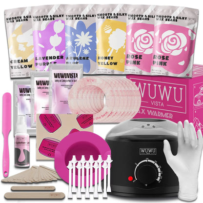 WUWUVISTA waxing kit with black wax warmer, six coloured wax bead packs, silicone tools, and aftercare products on a table