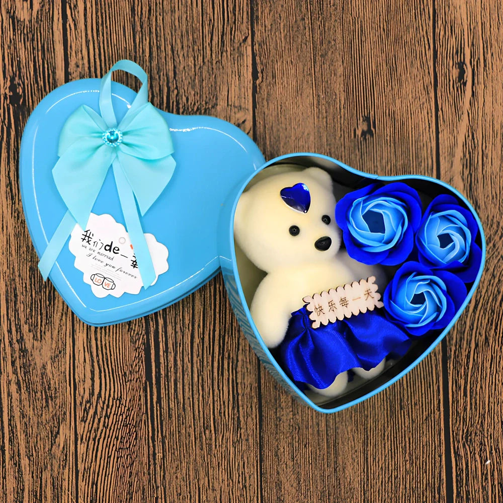 Handmade soap flower gift box in red heart-shaped tin with three blooms and bear, 12x12x5 cm for Valentine's Day