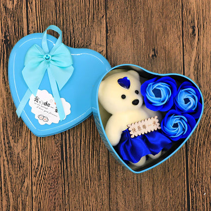 Handmade soap flower gift box in red heart-shaped tin with three blooms and bear, 12x12x5 cm for Valentine's Day