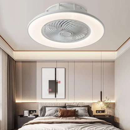 Smart ceiling fan light with invisible blades and LED lighting in white finish