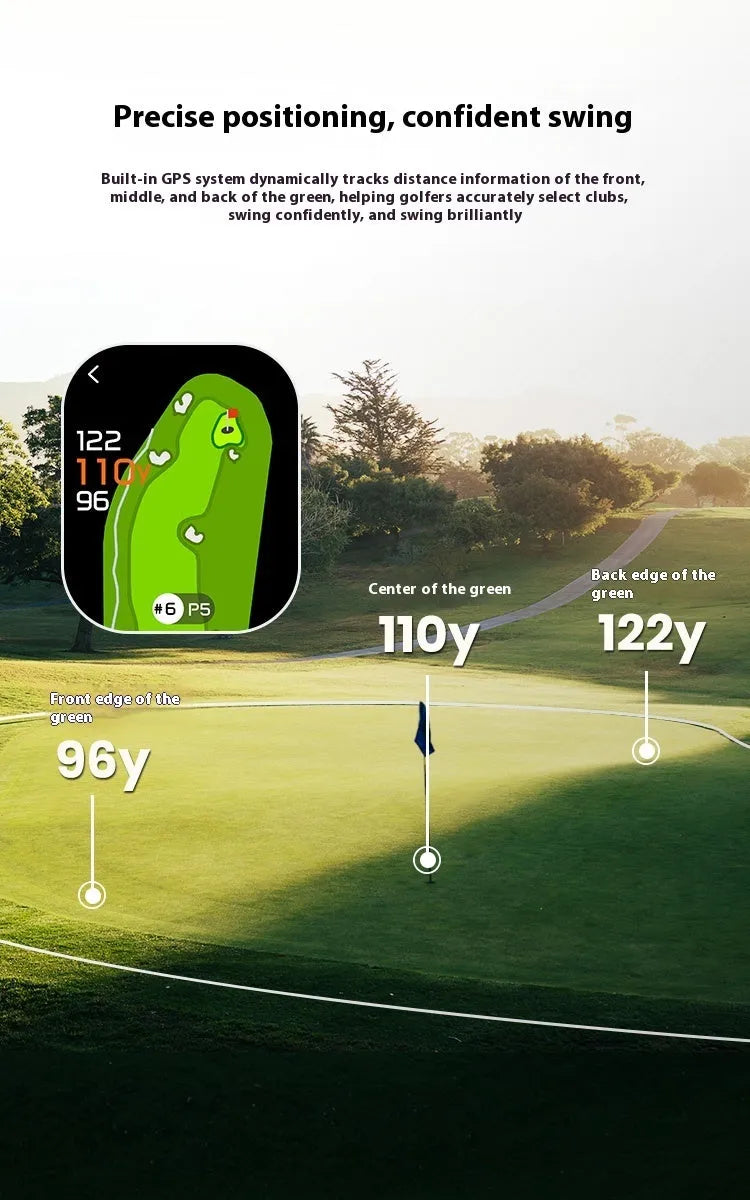 Black GenePro G1 GPS golf rangefinder showing its AMOLED touchscreen, held in hand.