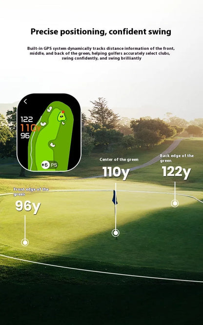Black GenePro G1 GPS golf rangefinder showing its AMOLED touchscreen, held in hand.