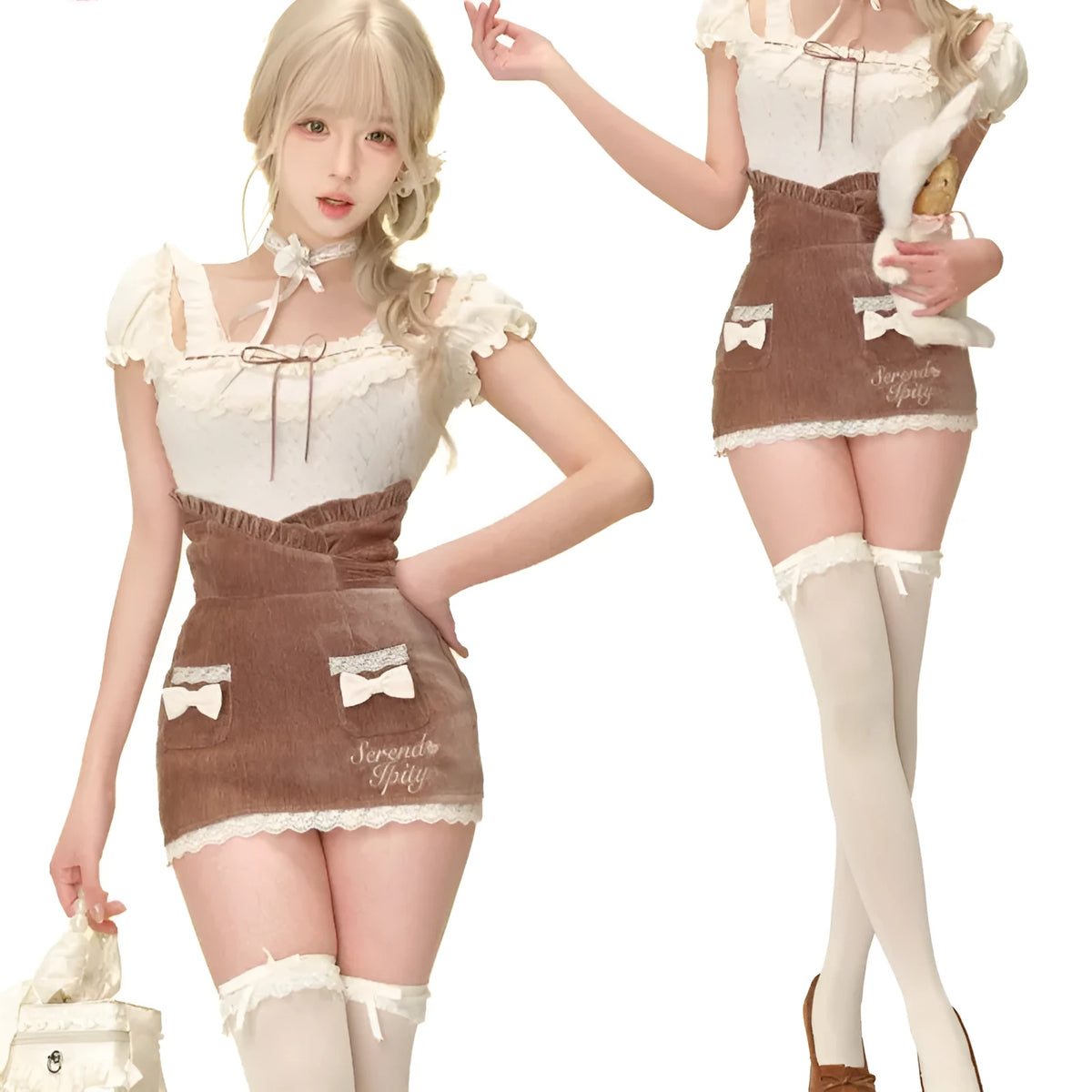 Apricot knitted top with brown hip skirt and apricot shawl three piece set in sizes S, M, and XS