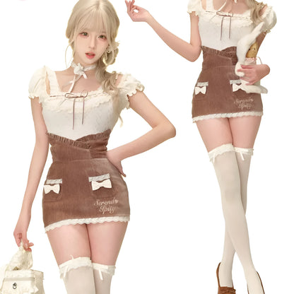 Apricot knitted top with brown hip skirt and apricot shawl three piece set in sizes S, M, and XS