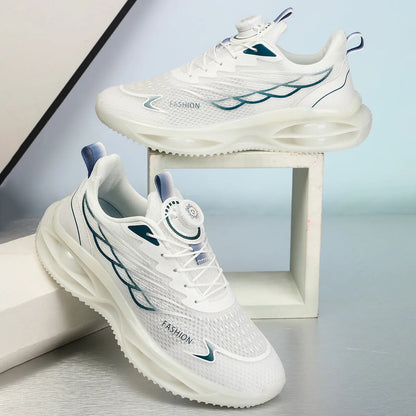 Casual breathable running shoes in sky blue colour with round toe and lace-up front.