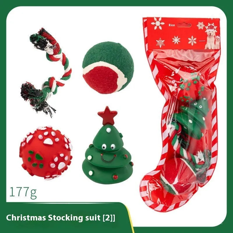 Christmas vinyl dog chew toys set with Santa heads, trees, balls and bite ropes for medium to large dogs