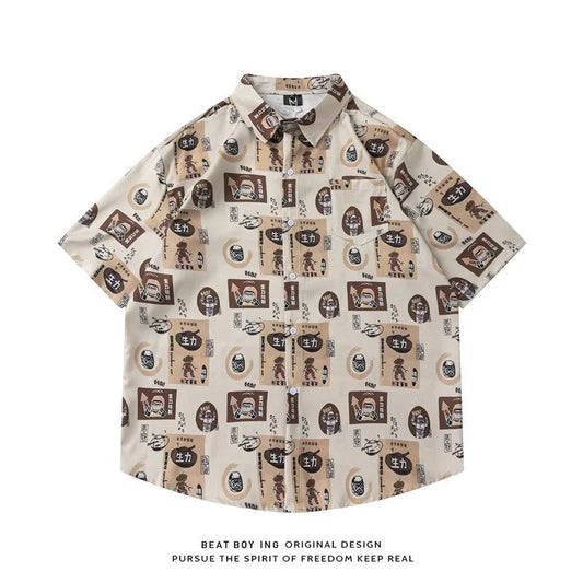 Full printed short sleeve shirt with floral pattern and cardigan style opening