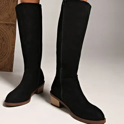 Women's slimming suede boots with side zipper, mid heel, pointed toe, cowhide upper, in khaki black brown.