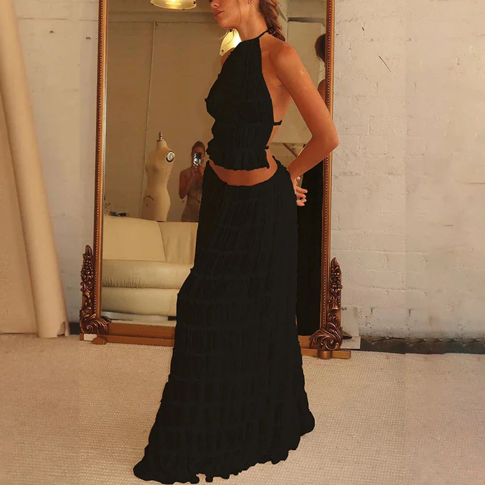 Sleeveless backless crop top and pleated maxi dress set in various colors