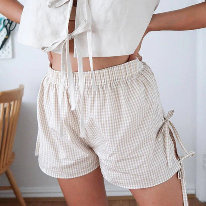 Women's loose plaid print shorts with lace-up design in various colors