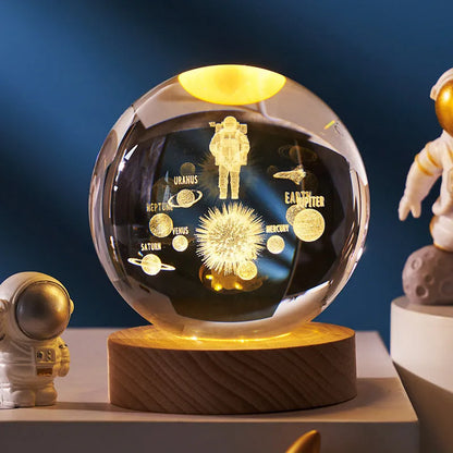 Crystal ball night light projecting 3D starry sky and planets with solid wood base