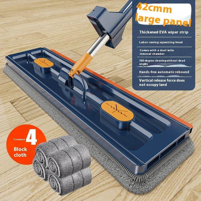 360° Rotating Flat Mop with Stainless Steel Handle and Self-Contained Dewatering Scraper for Effortless Floor Cleaning