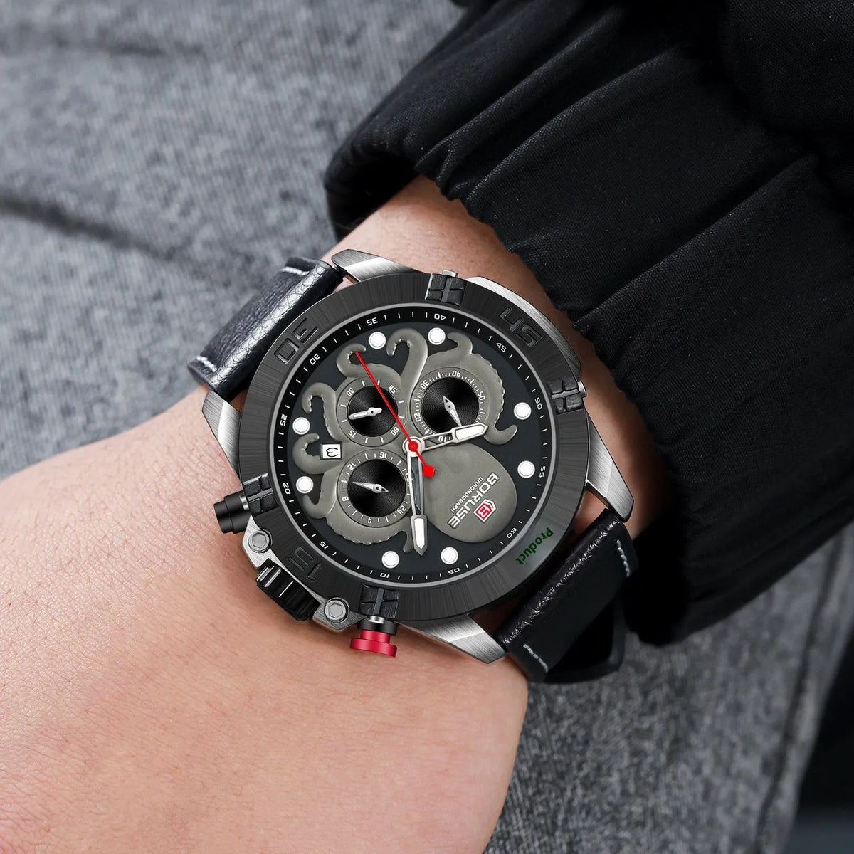 Octopus men's waterproof luminous quartz watch with blue or black colour options
