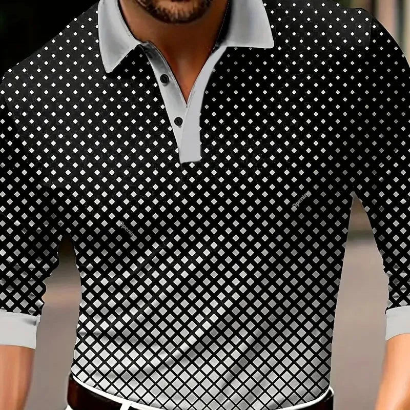 Men's long sleeve button-up polo shirt in a loose fit, made from a polyester blend fabric.