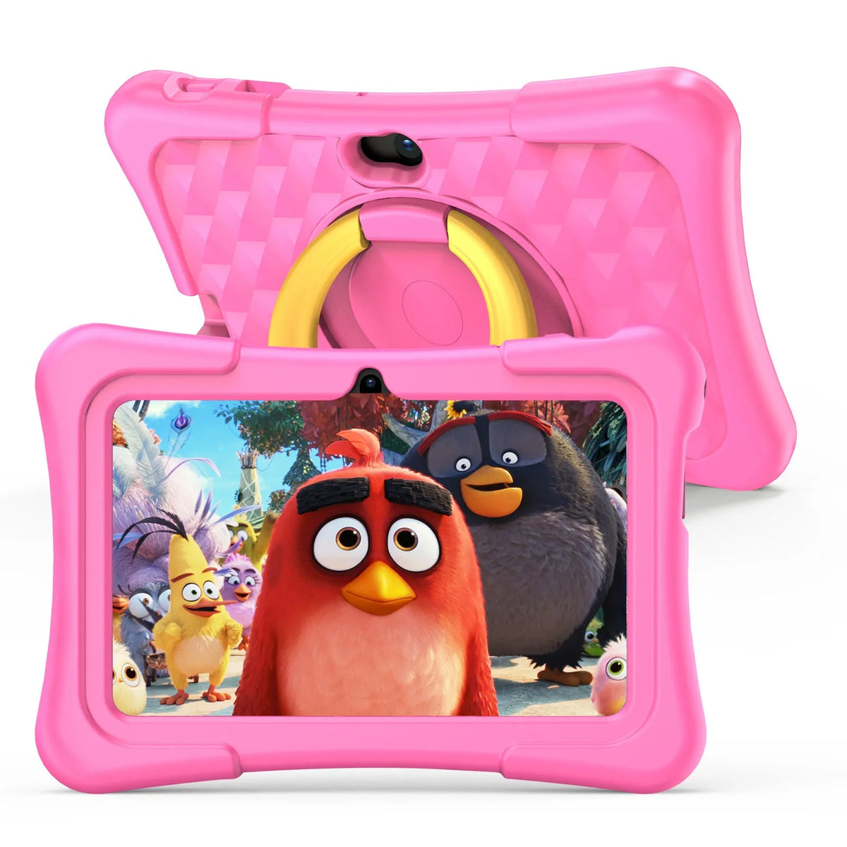Blue 7-inch children's educational tablet with silicone protective cover and rotation handle bracket showing screen