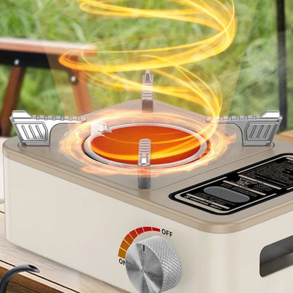 White stainless steel portable infrared gas stove for outdoor camping use.