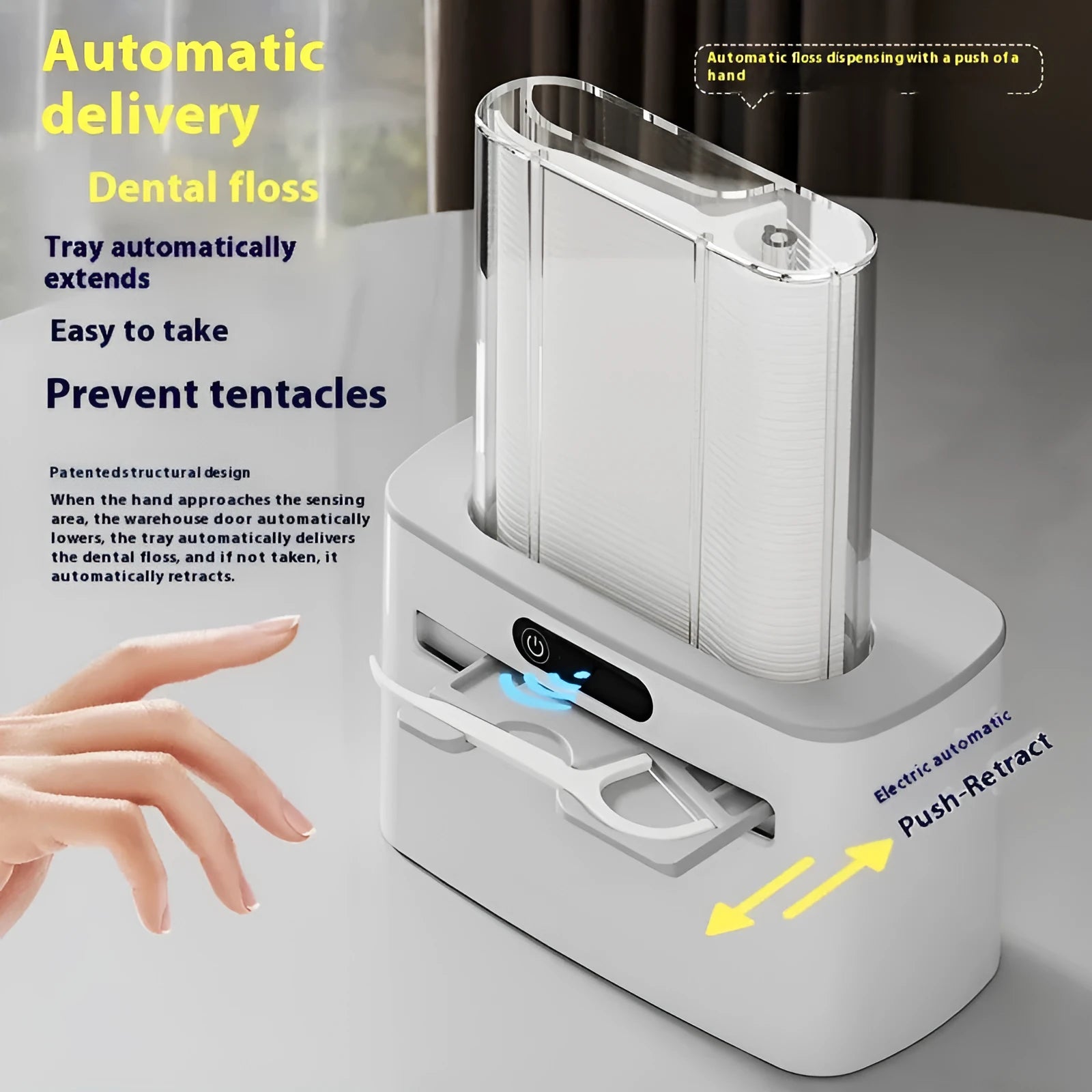 Dark grey automatic electric dental floss box with pop-up mechanism on a bathroom counter.