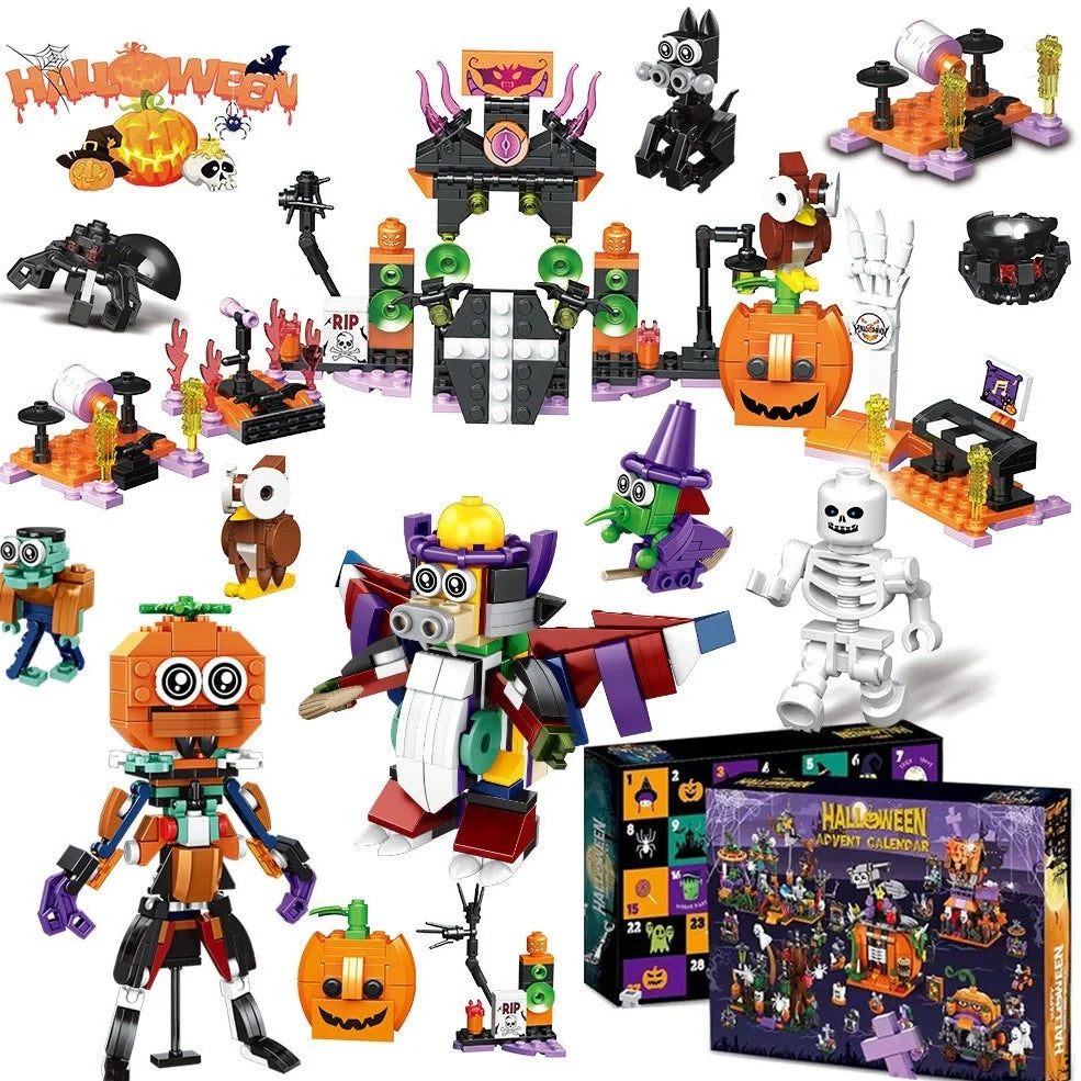 Halloween building blocks set showing six themed designs including handbag and lollipop shapes in colour box packaging