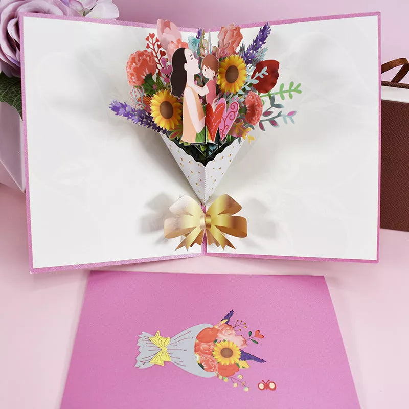Handmade 3D PopUp Flower Bouquet Mother's Day Card with navy blue envelope