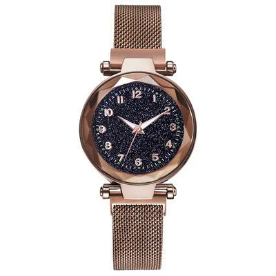 Luminous starry sky quartz watch with 20.5mm round dial, alloy strap, and stainless steel watch-bottom in five colours