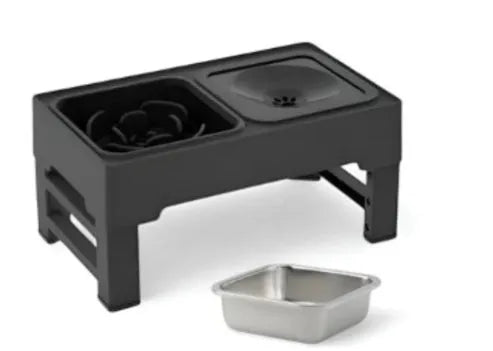 Adjustable height dog feeding stand with two stainless steel bowls in black or grey colours.