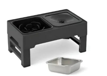 Adjustable height dog feeding stand with two stainless steel bowls in black or grey colours.