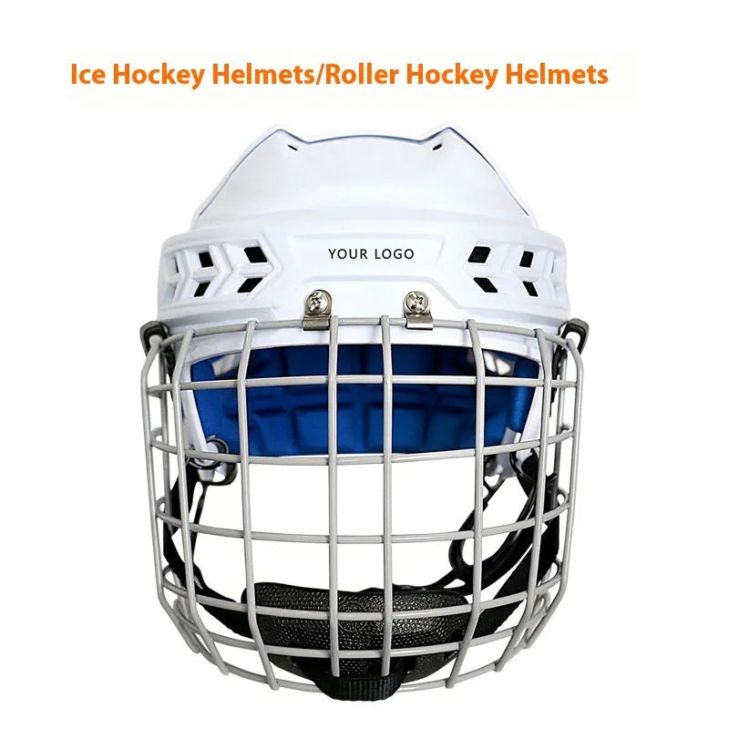 Ice hockey helmet with carbon steel face mask and cushioned lining for head protection in sports