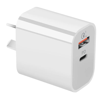 White Australian dual-port USB wall charger with USB-A and USB-C ports