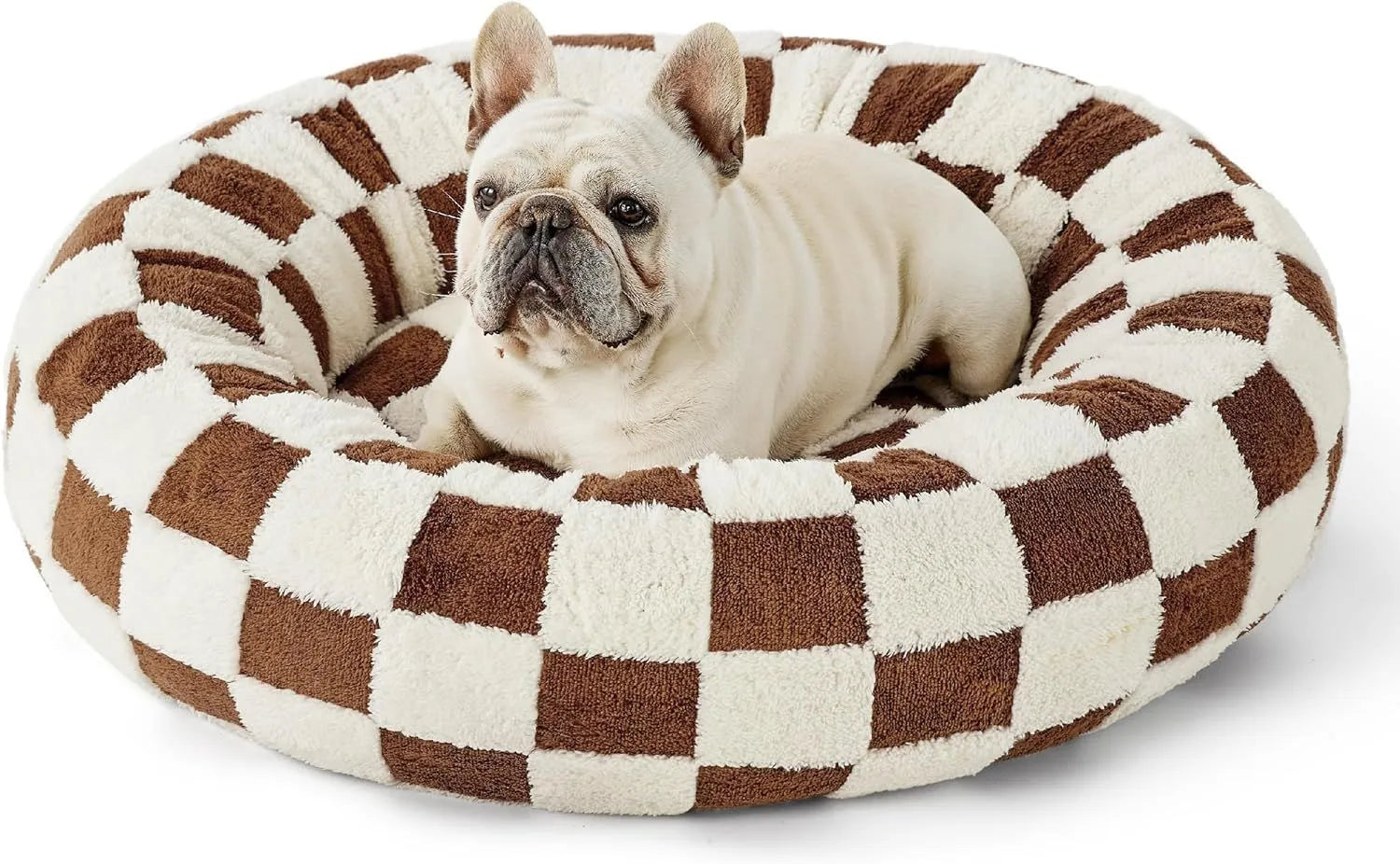 Round blue and white plaid pet bed with plastic frame and fleece cover for dogs