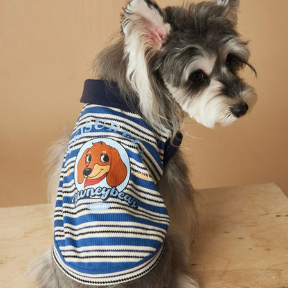 Tony Bear dog striped polo shirt in cotton, blue or brown, sizes XS to XXL, casual pet clothing