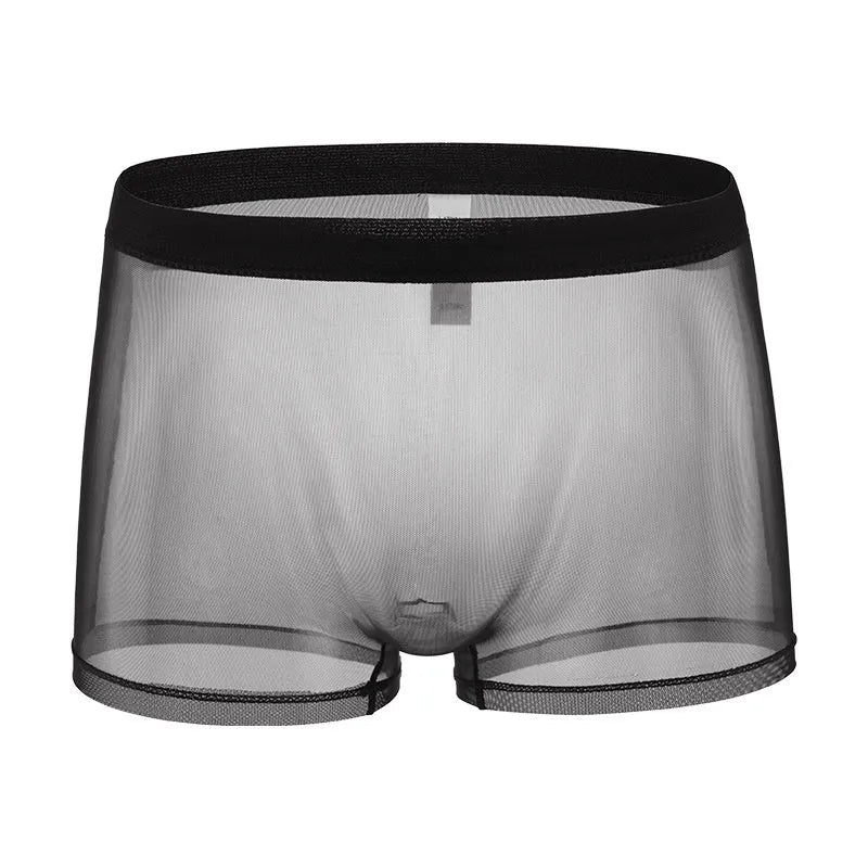 Men's thin sheer mesh boxer briefs in multiple colours on a white background.